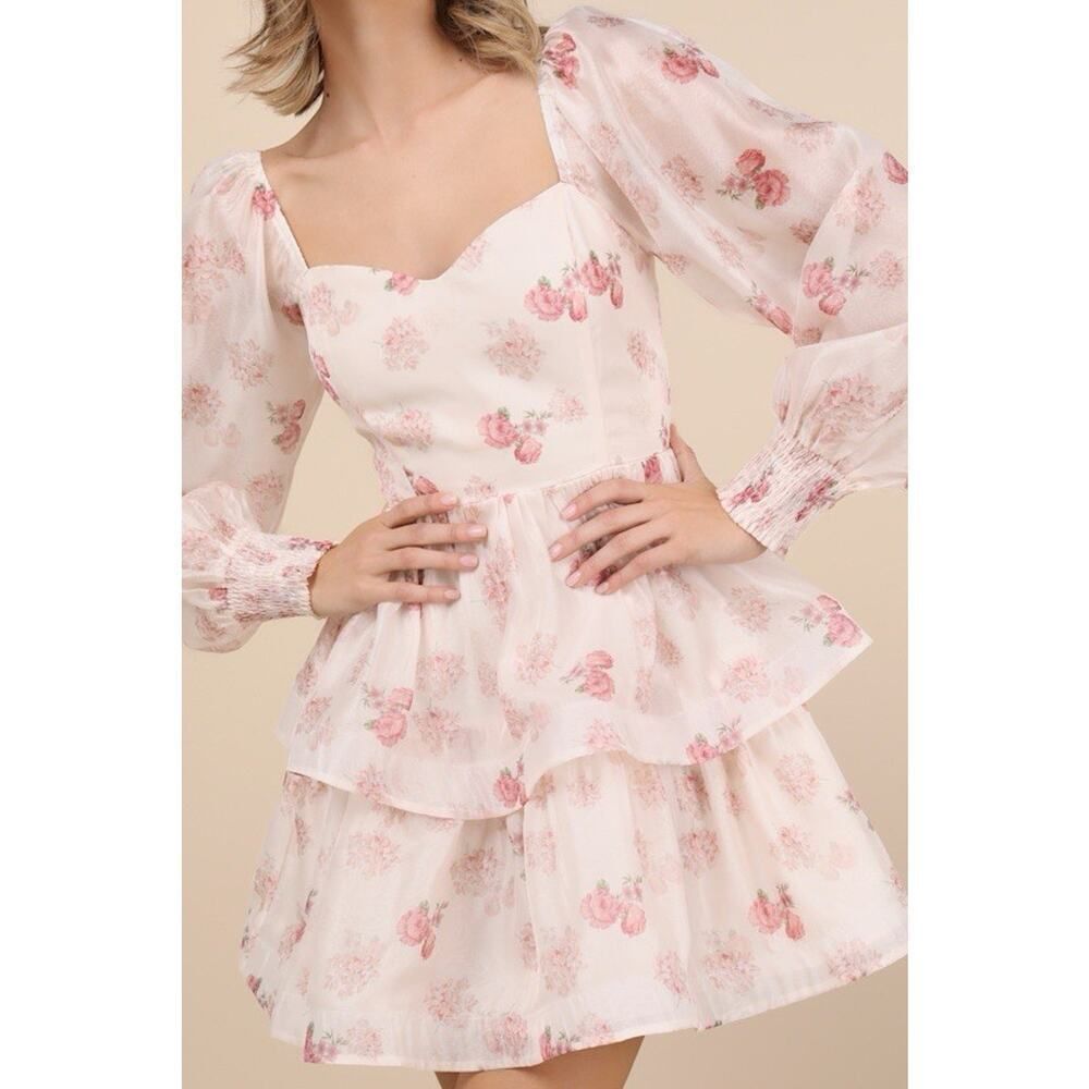 NWT Lulus Blush Pink Floral Organza Tiered Mini Dress Large Ruffle